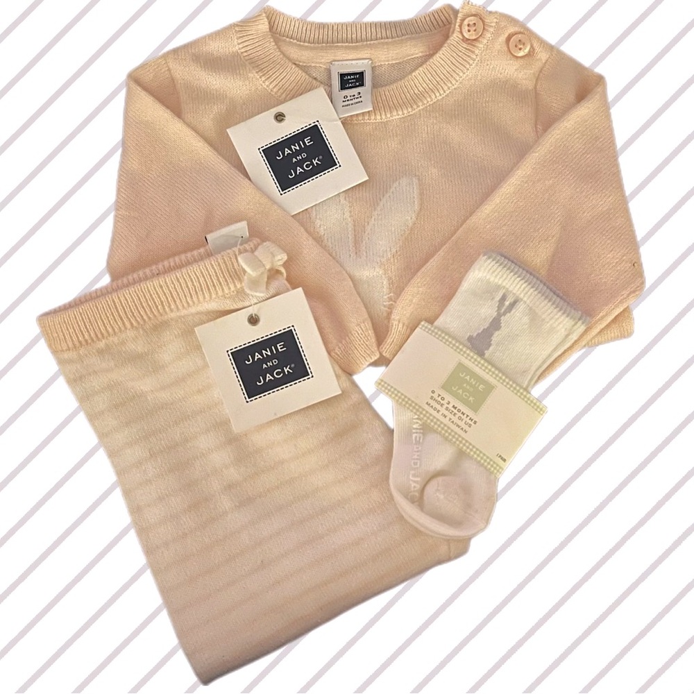 🍼 NWT! Janie and Jack Blush Knit ‘Bunny’ Baby Ensemble - Size 0-3 Months